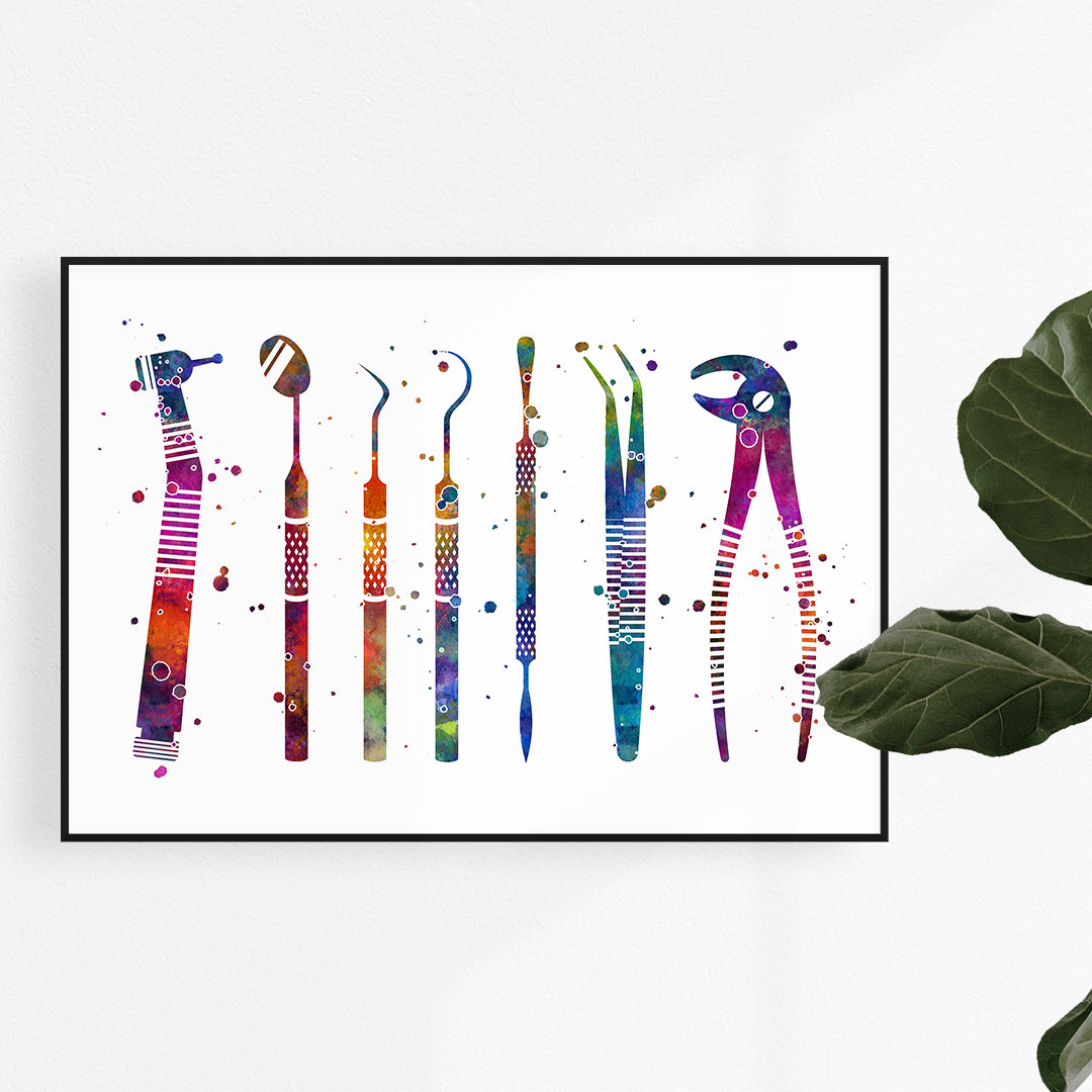 Dental tools watercolor art print for dentist office decor.