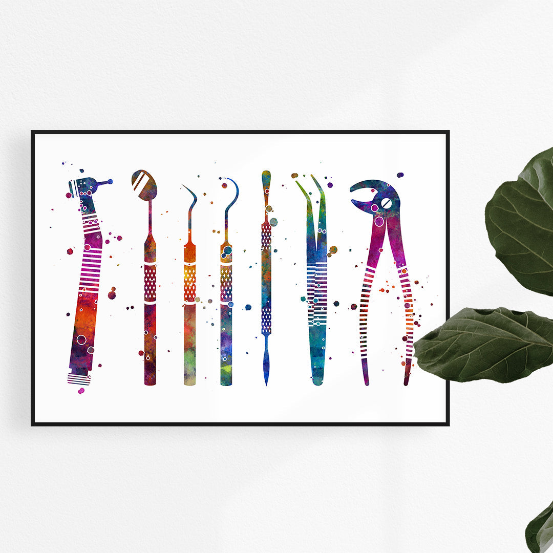 Dental Tools Colorful Watercolor Art Print