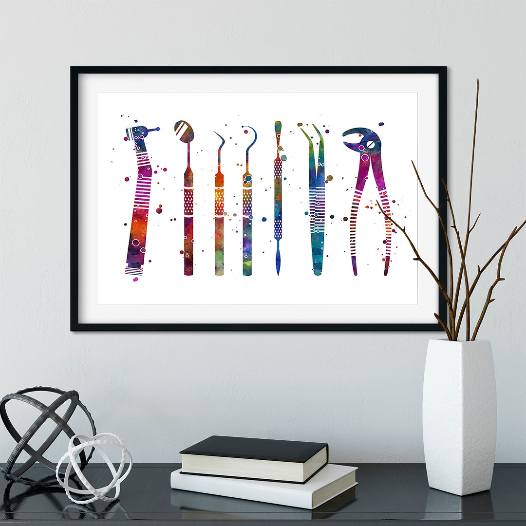 Dentist office wall art: vibrant watercolor dental tools design.