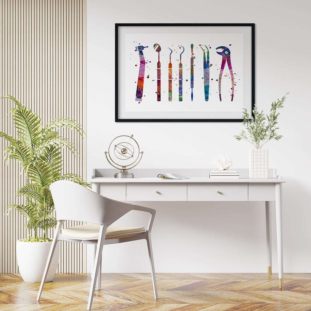 Dental tools watercolor print for professional and stylish decor.