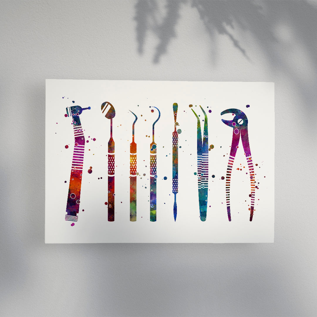 Dental Tools Colorful Watercolor Art Print