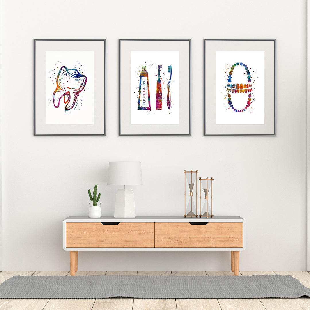 Colorful dental anatomy prints for decor in dental offices, creating an educational and artistic atmosphere