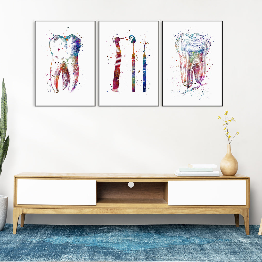 Set of 3 colorful watercolor dental prints for dentist office decor.