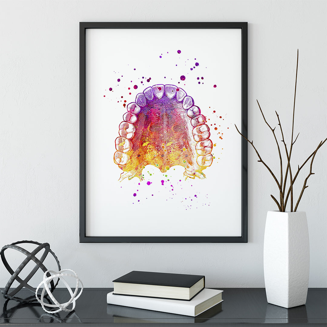 Anatomical watercolor art of upper teeth and palate, a unique piece for dental-themed decor