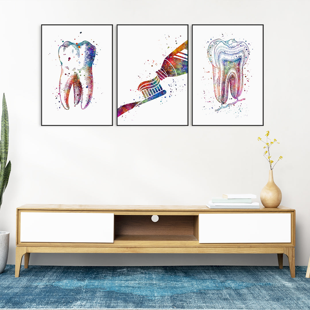 Set of 3 colorful watercolor dental prints for dentist office decor.