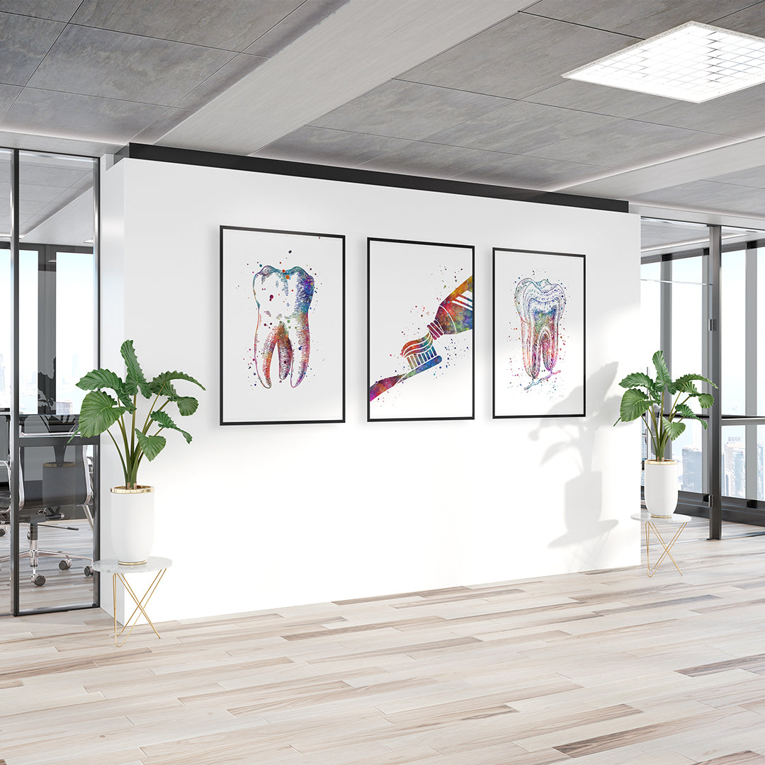 Vibrant dental-themed artwork set for dental clinic wall decoration.