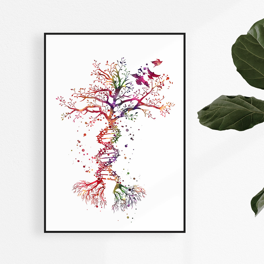 DNA Tree colorful watercolor print, blending the double helix with nature for science-inspired wall decor.