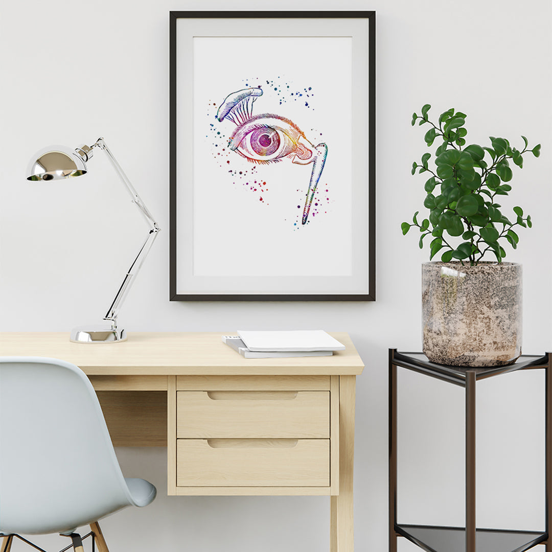 Detailed eye anatomy art in watercolor, vibrant wall art for optometrists and eye doctors