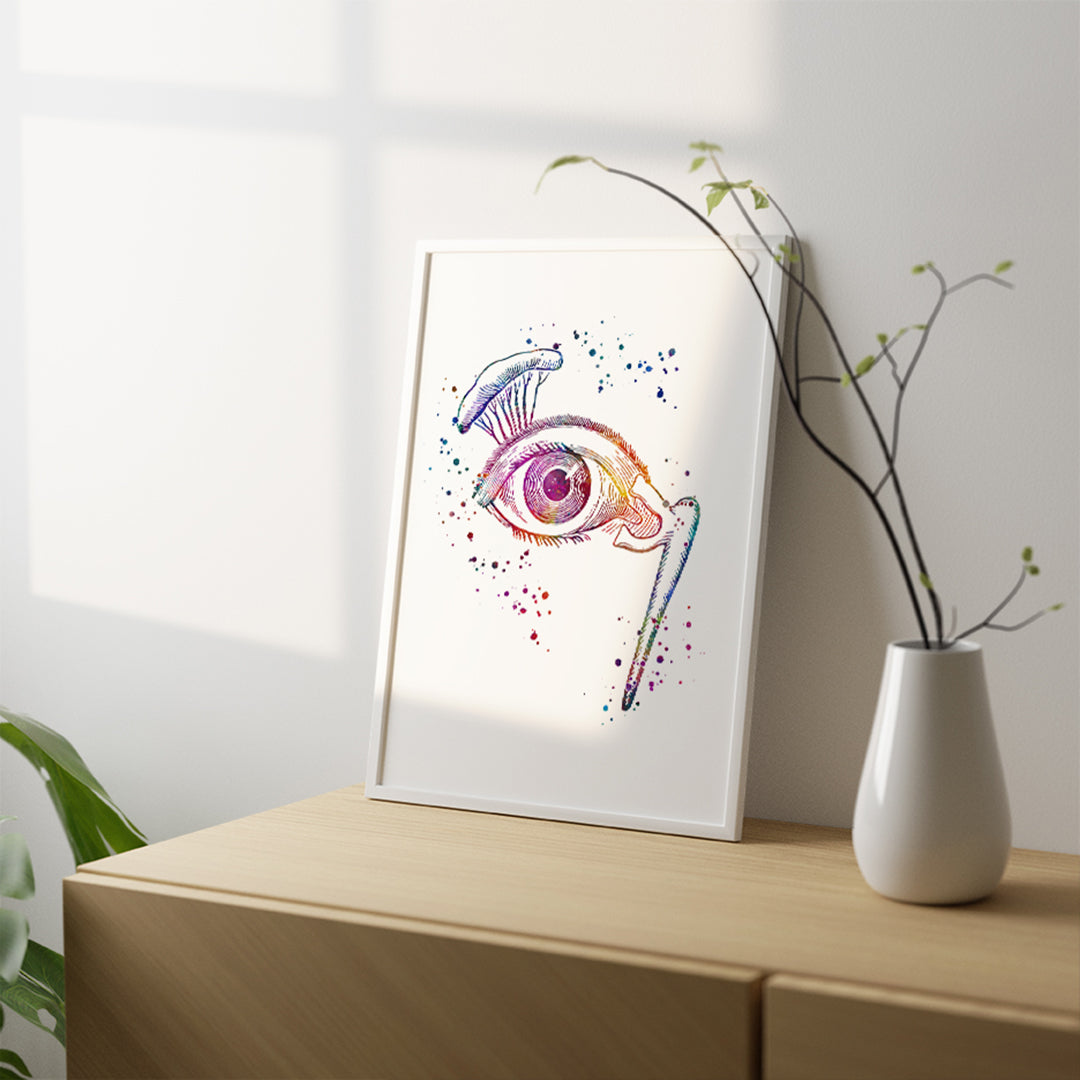 Bright, anatomical watercolor print of the human eye, decor for optometry or eye care spaces.