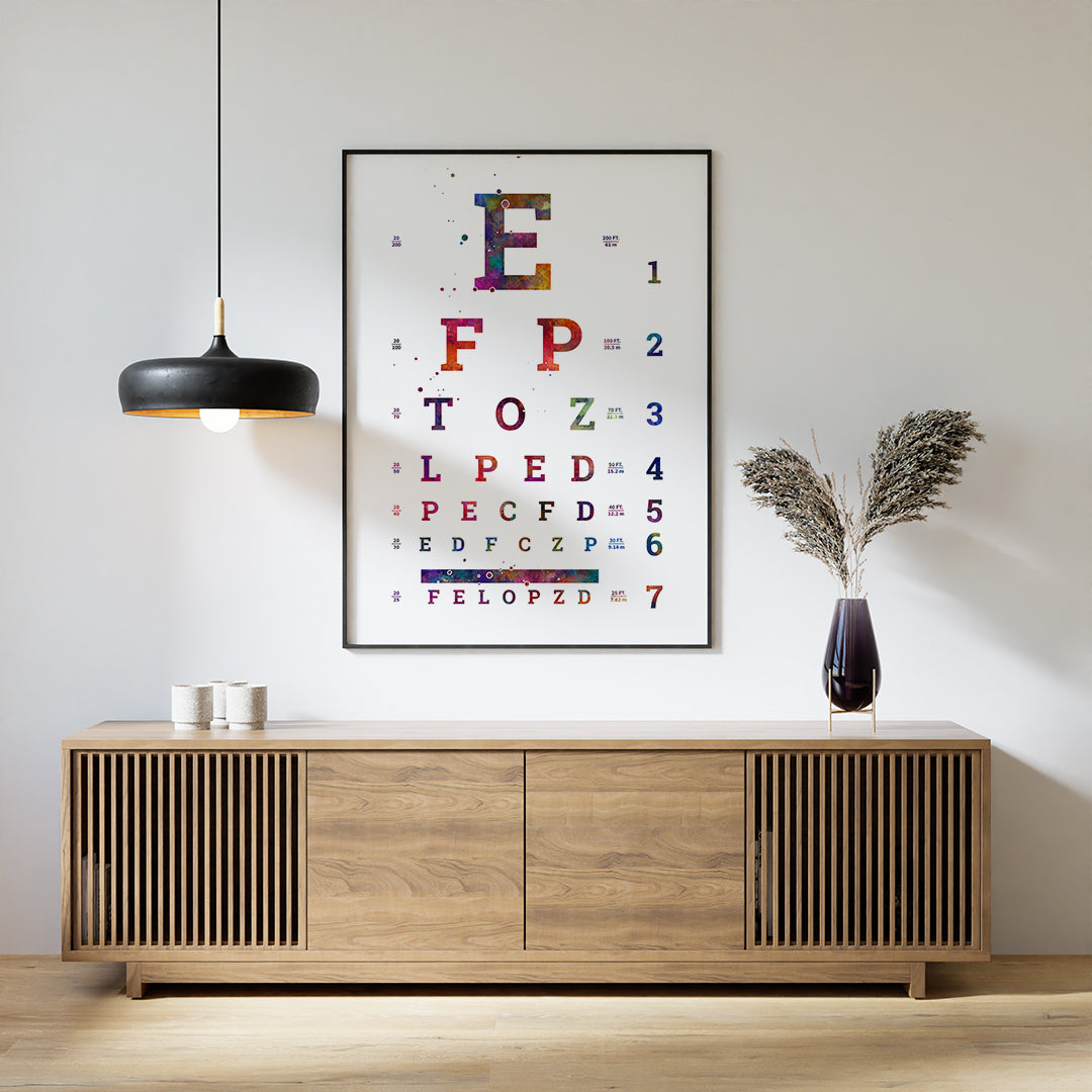 Vibrant eye test chart wall art for optometrist clinic decoration.