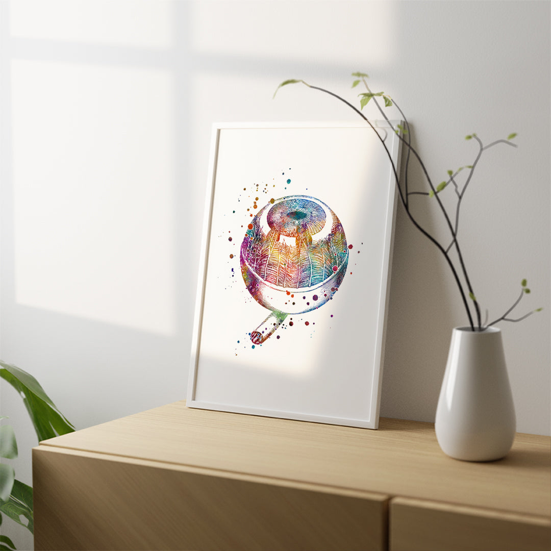 Artistic watercolor print of the human eyeball anatomy, great for optometrists and anatomy enthusiasts.