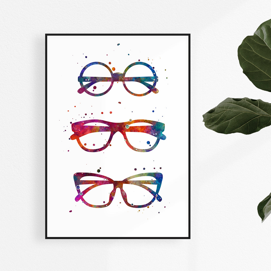 Multicolored eyeglasses watercolor print for optometry office decor.