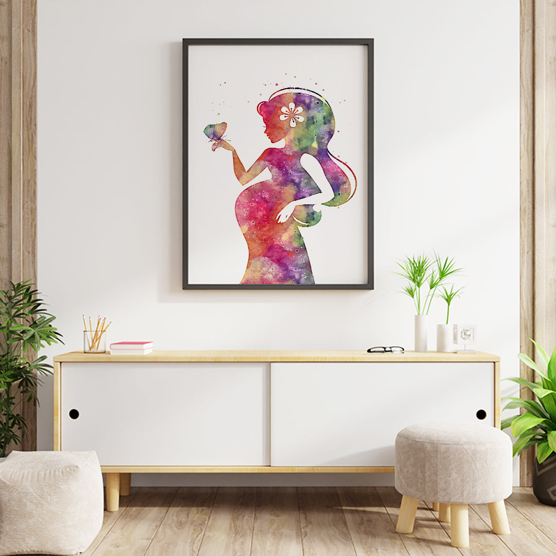 Pregnant woman silhouette in vibrant watercolor, ideal for decorating OBGYN clinics and midwife offices with a touch of warmth and compassion