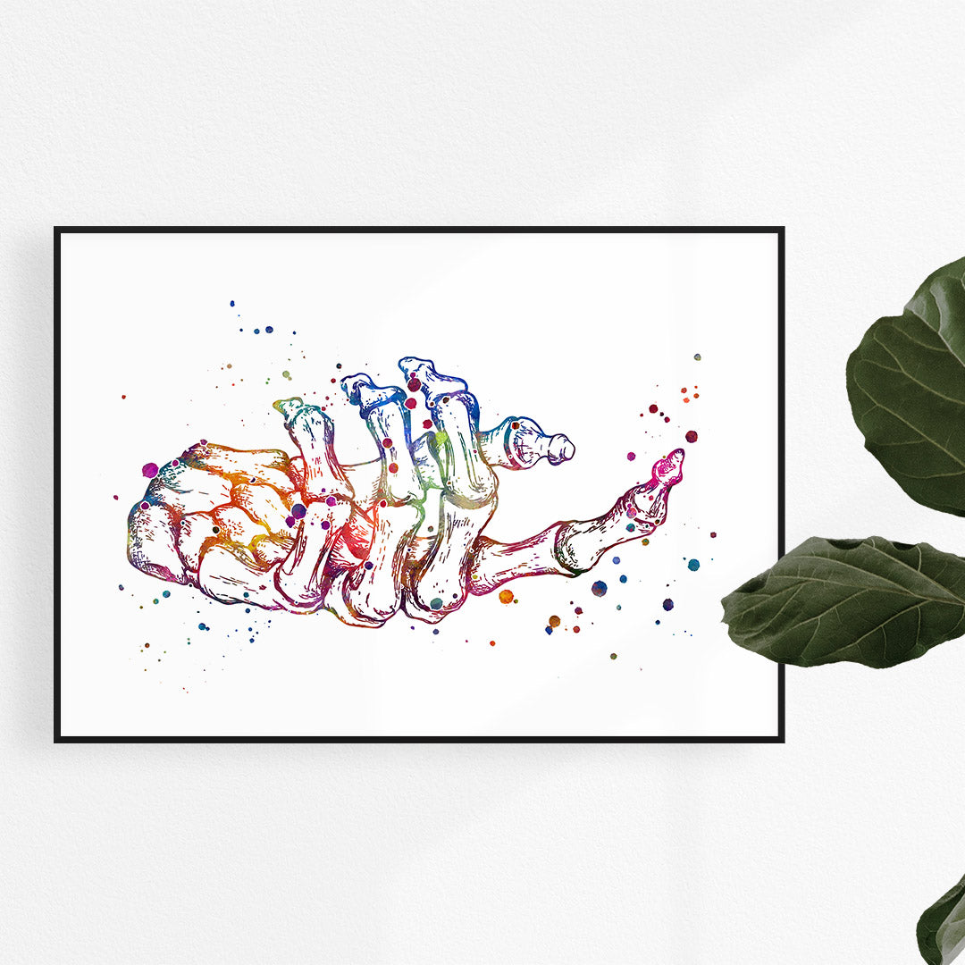 Human fingers bones watercolor art print for medical office wall decor