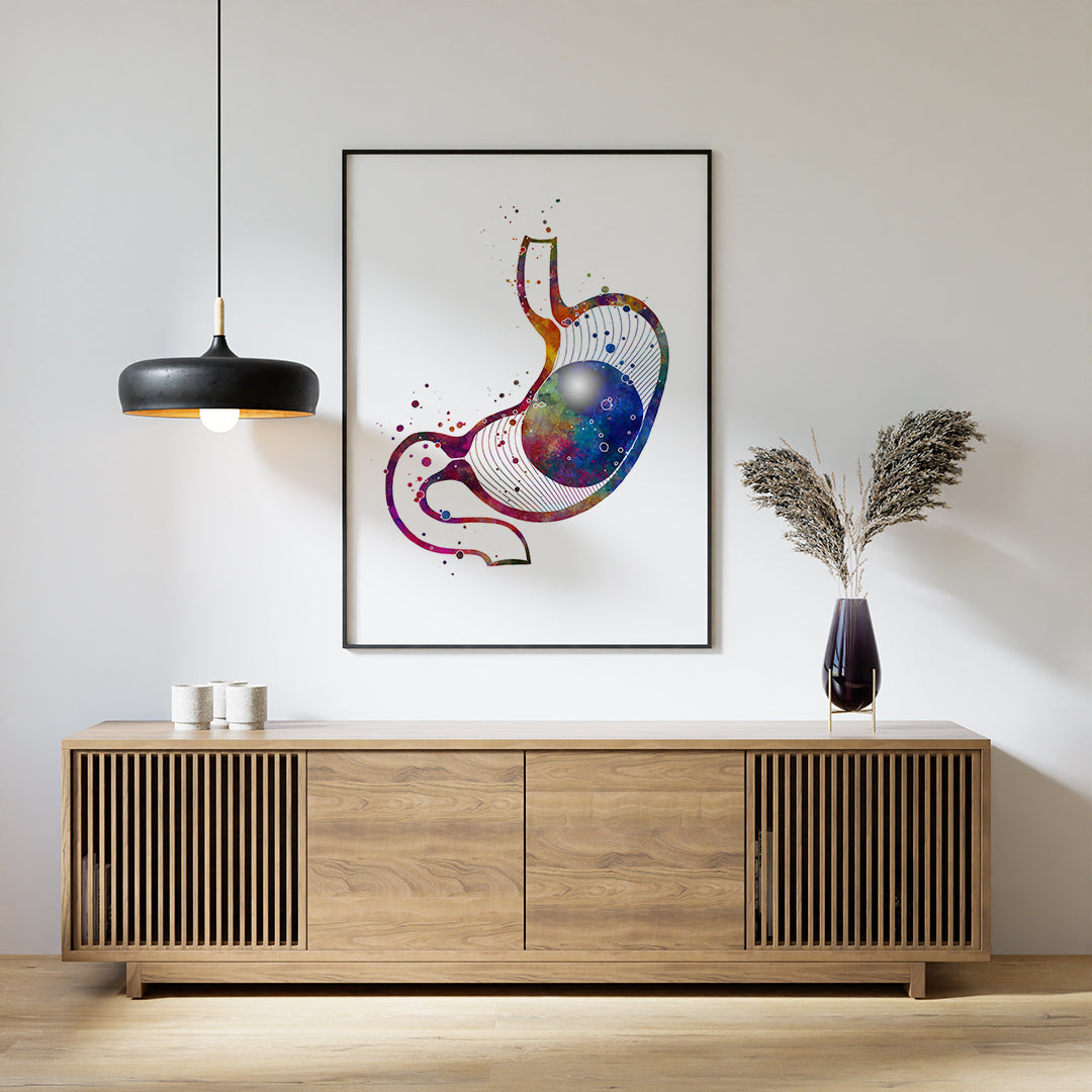 Vibrant watercolor art print of an intragastric balloon weight loss procedure.