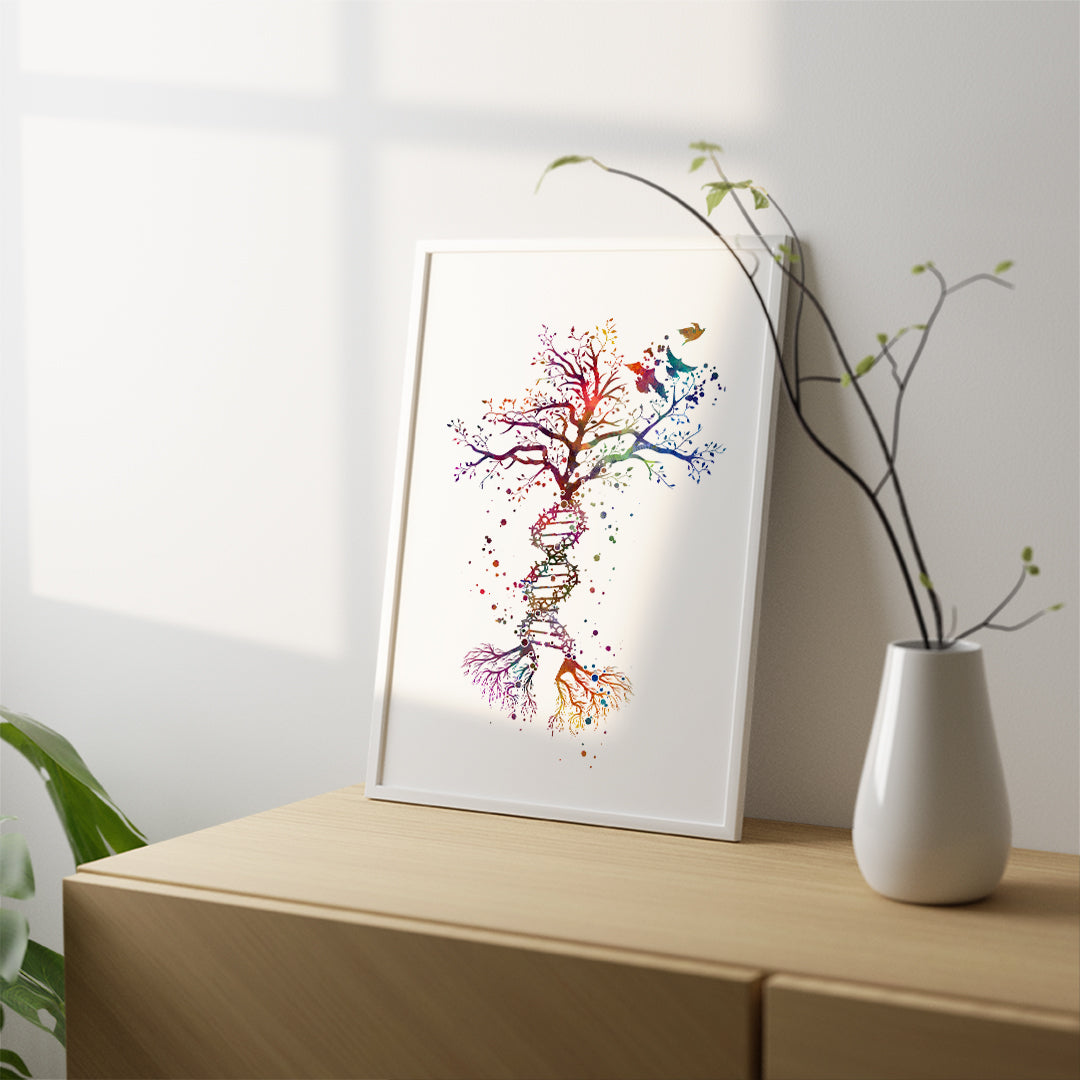 Watercolor DNA Tree artwork with vibrant colors, merging biology and art for unique wall decoration.