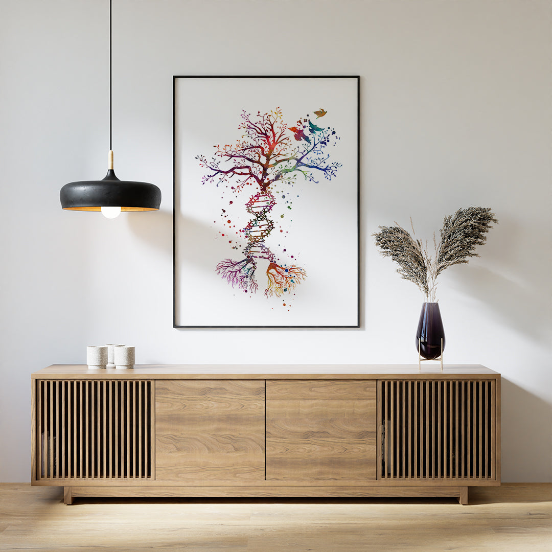 Vibrant DNA-inspired tree art print, perfect for genetics enthusiasts and science-themed spaces.