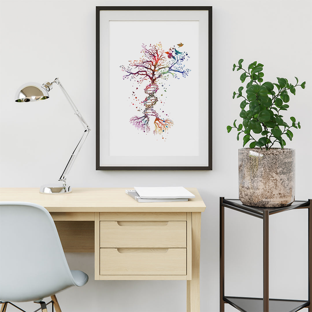 Genetics-themed watercolor DNA Tree print, colorful science wall decor for modern spaces.