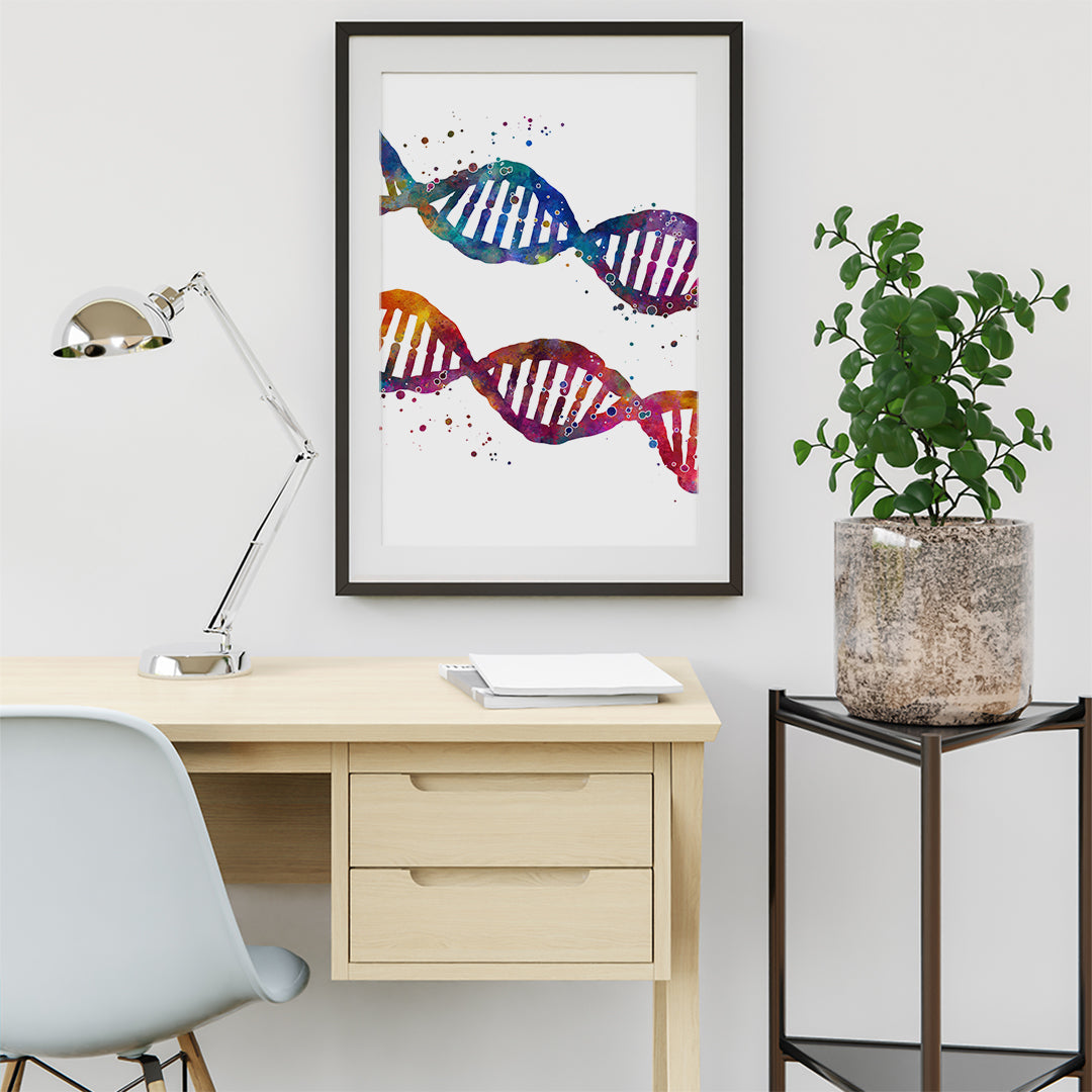 DNA watercolor wall art for science decor in labs, classrooms, or study spaces.