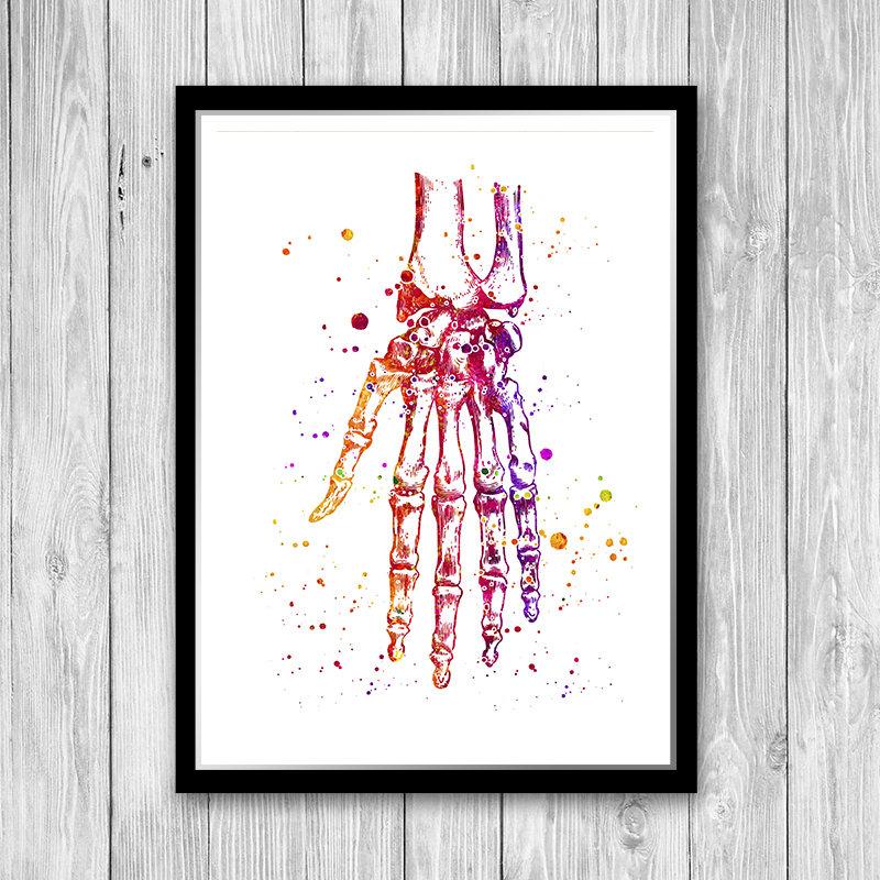 Hand and wrist bones anatomy art watercolor print
