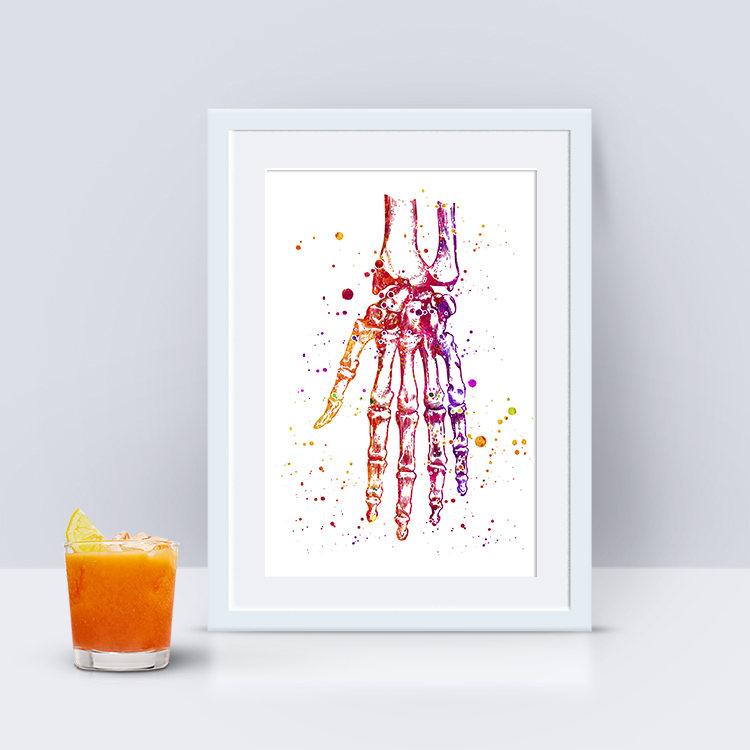 Hand and wrist bones anatomy art watercolor print