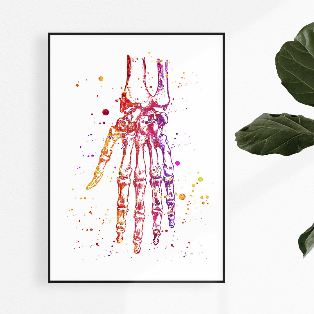 Hand and wrist bones anatomy art watercolor print