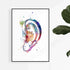 Hearing aid watercolor art print for audiology offices and clinics, printed on premium paper with vibrant colors.