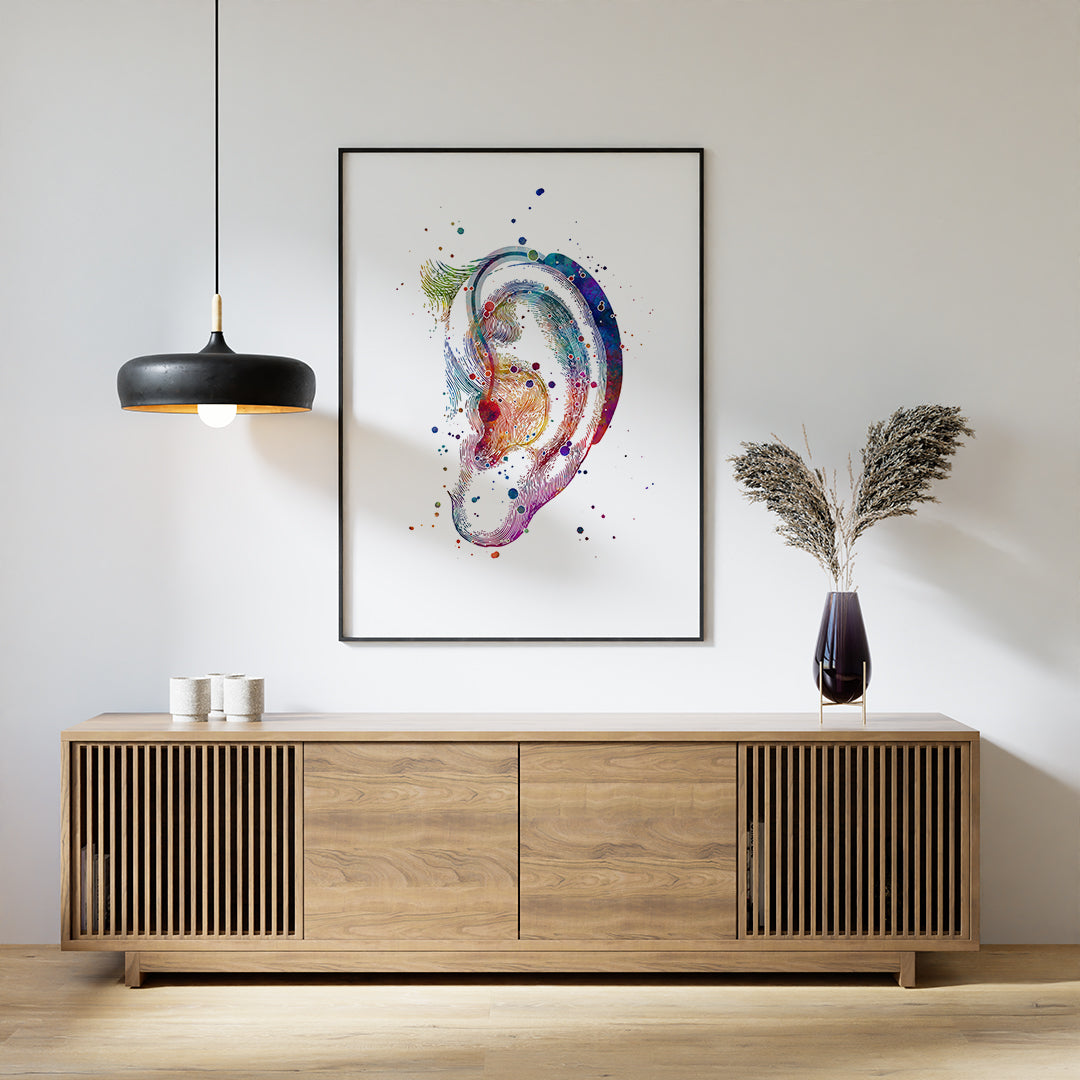 Stylish hearing aid art print, perfect for audiologists and hearing aid specialists as office decor or a thoughtful gift.