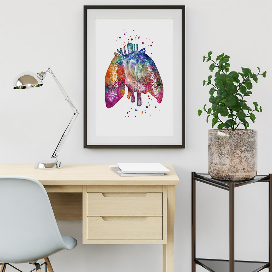 Human Lungs and Heart, Anatomy Watercolor Print for doctor office decor