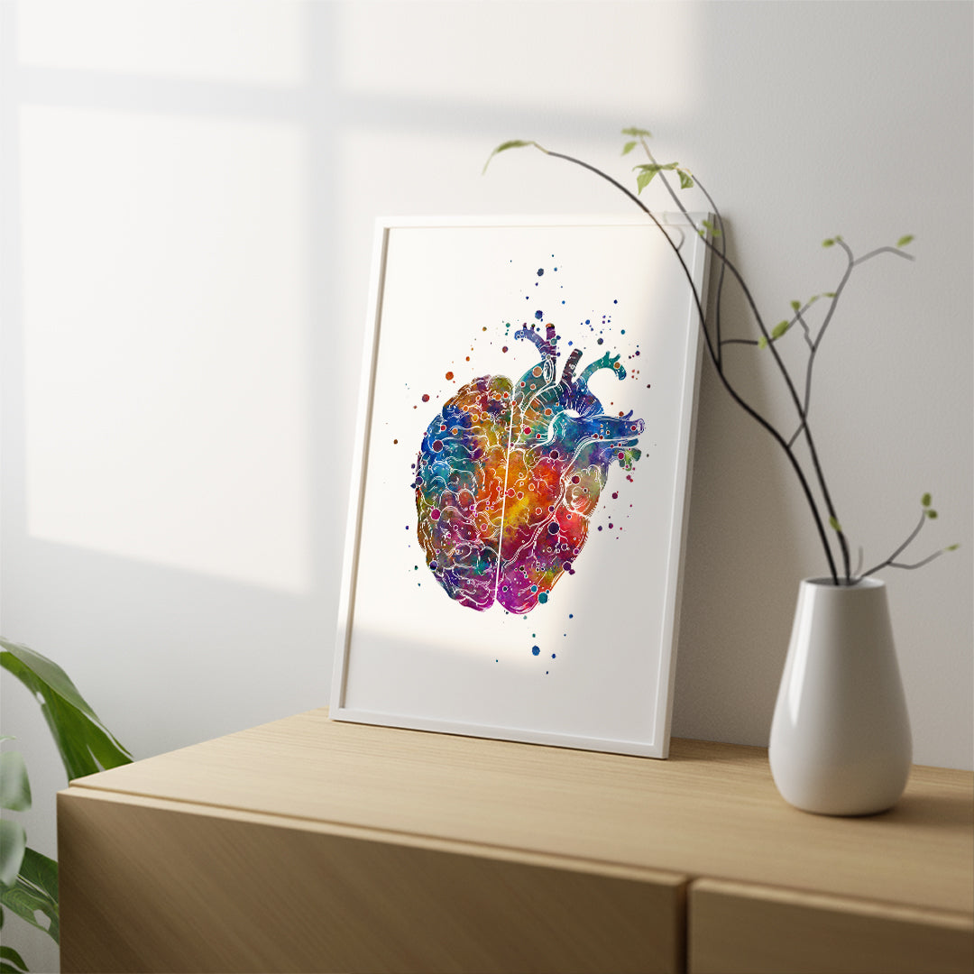 Brain and heart watercolor art print, concept of logic and emotion for psychologist wall decor.