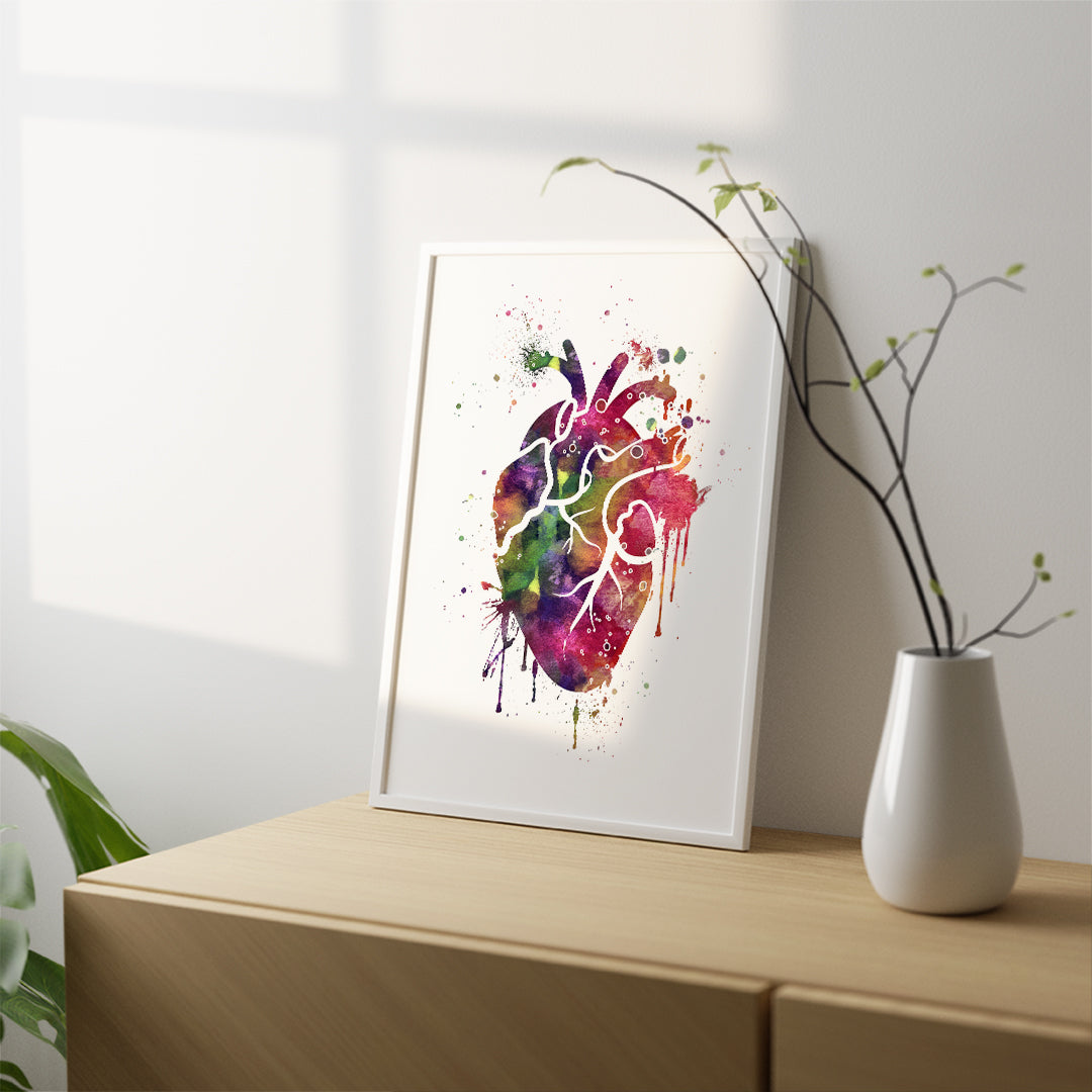 Colorful human heart watercolor art, printed on high-quality textured paper, ideal for medical professionals or anatomy enthusiasts.