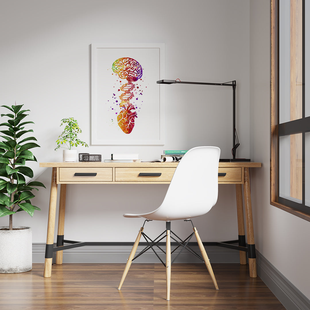 Art print of heart and brain connected by DNA, vivid watercolor in warm tones, ideal for medical offices or as a gift