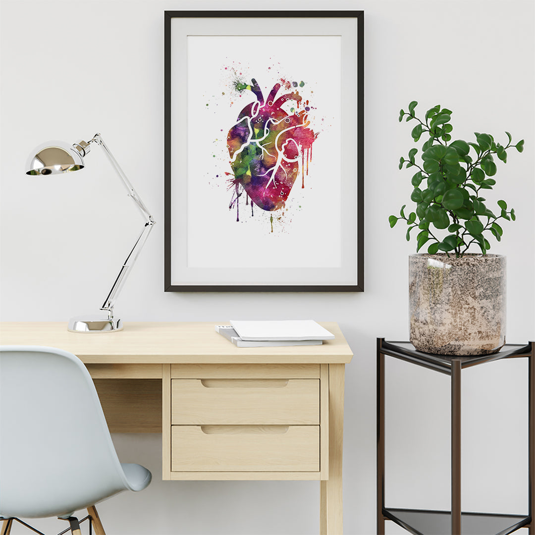 Multicolored watercolor human heart print on fine textured paper, a beautiful gift for doctors, nurses, or anatomy lovers