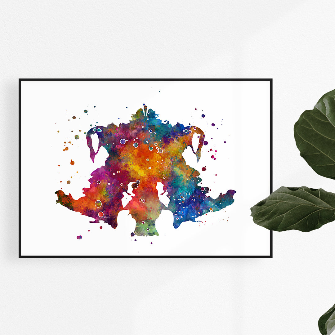 Colorful watercolor Rorschach ink blot art print for vibrant psychologist office decor