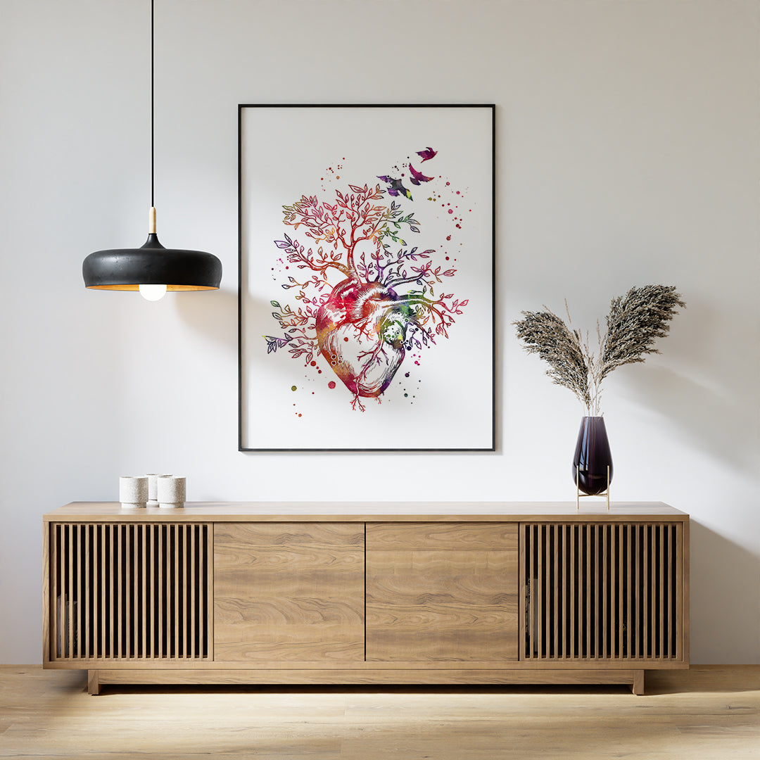 Heart Tree anatomy watercolor print, featuring vibrant colors, perfect for clinic decor, doctor’s office, or a heartfelt gift for heart transplant recipients.