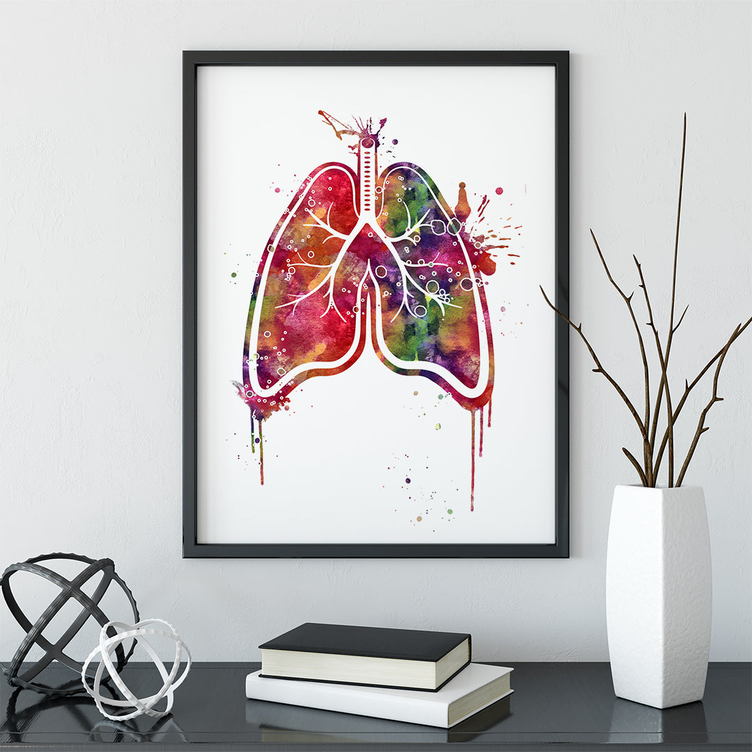 Artistic human lungs in watercolor splash style, a striking addition to clinic decor, blending anatomy with bright, modern art