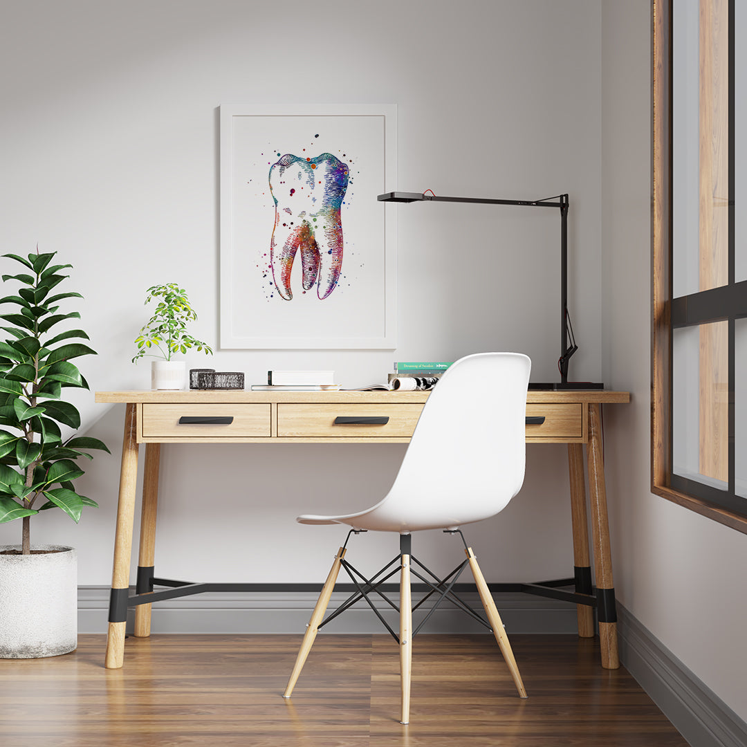 Human tooth watercolor art print, adding vibrancy to any dental workspace