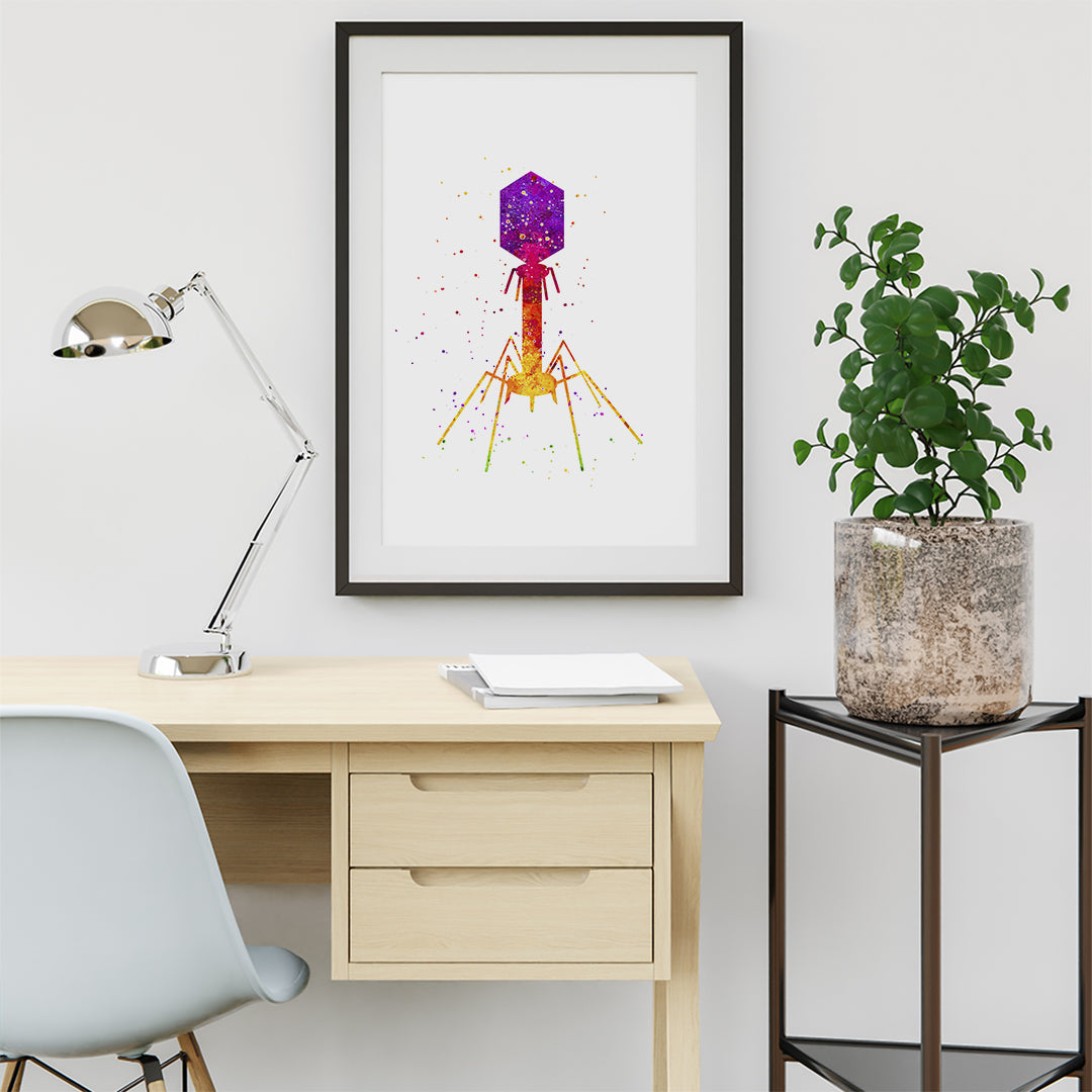 Vibrant bacteriophage virus watercolor print, combining science and art for unique wall decor.