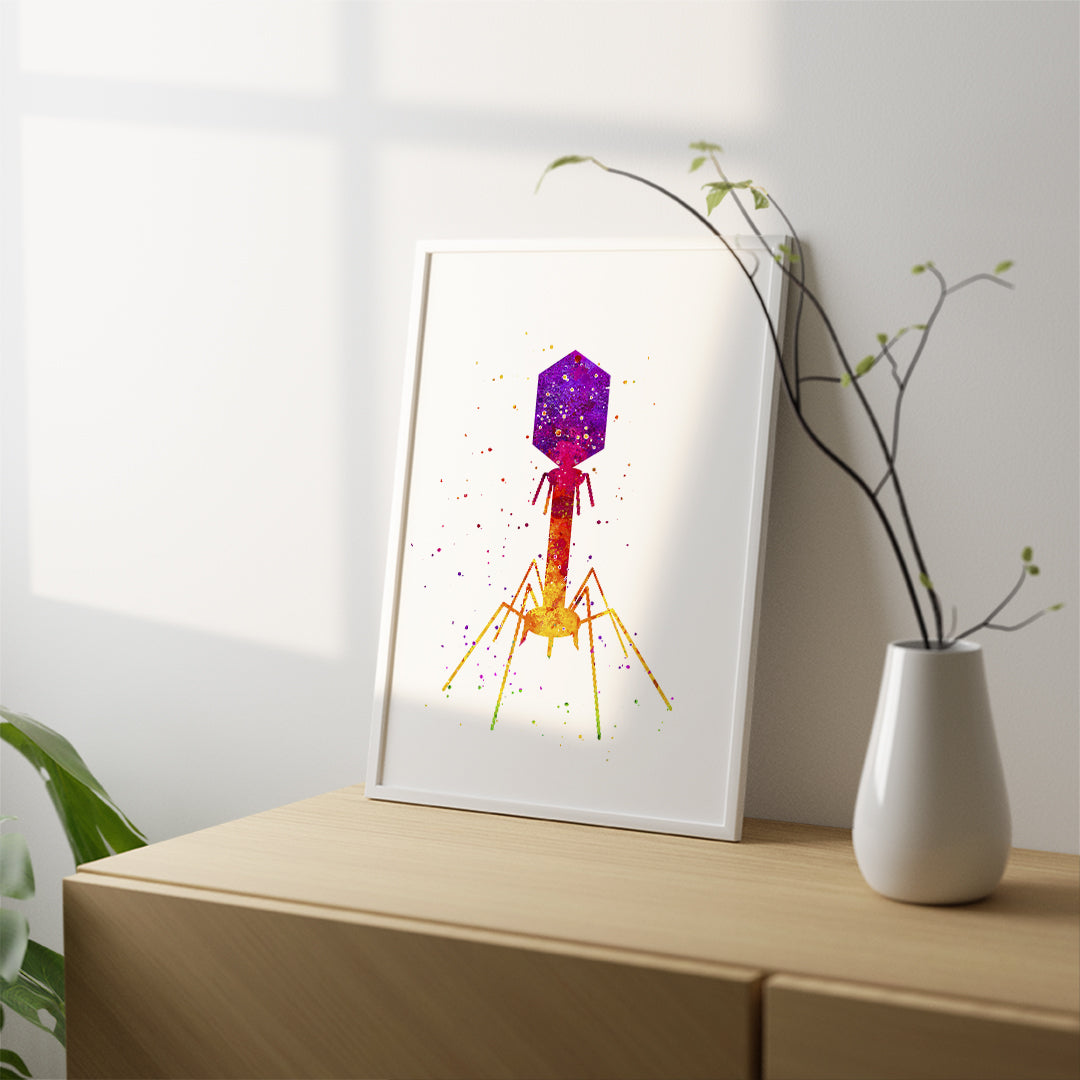 Detailed bacteriophage virus art, ideal for science enthusiasts and educational spaces.