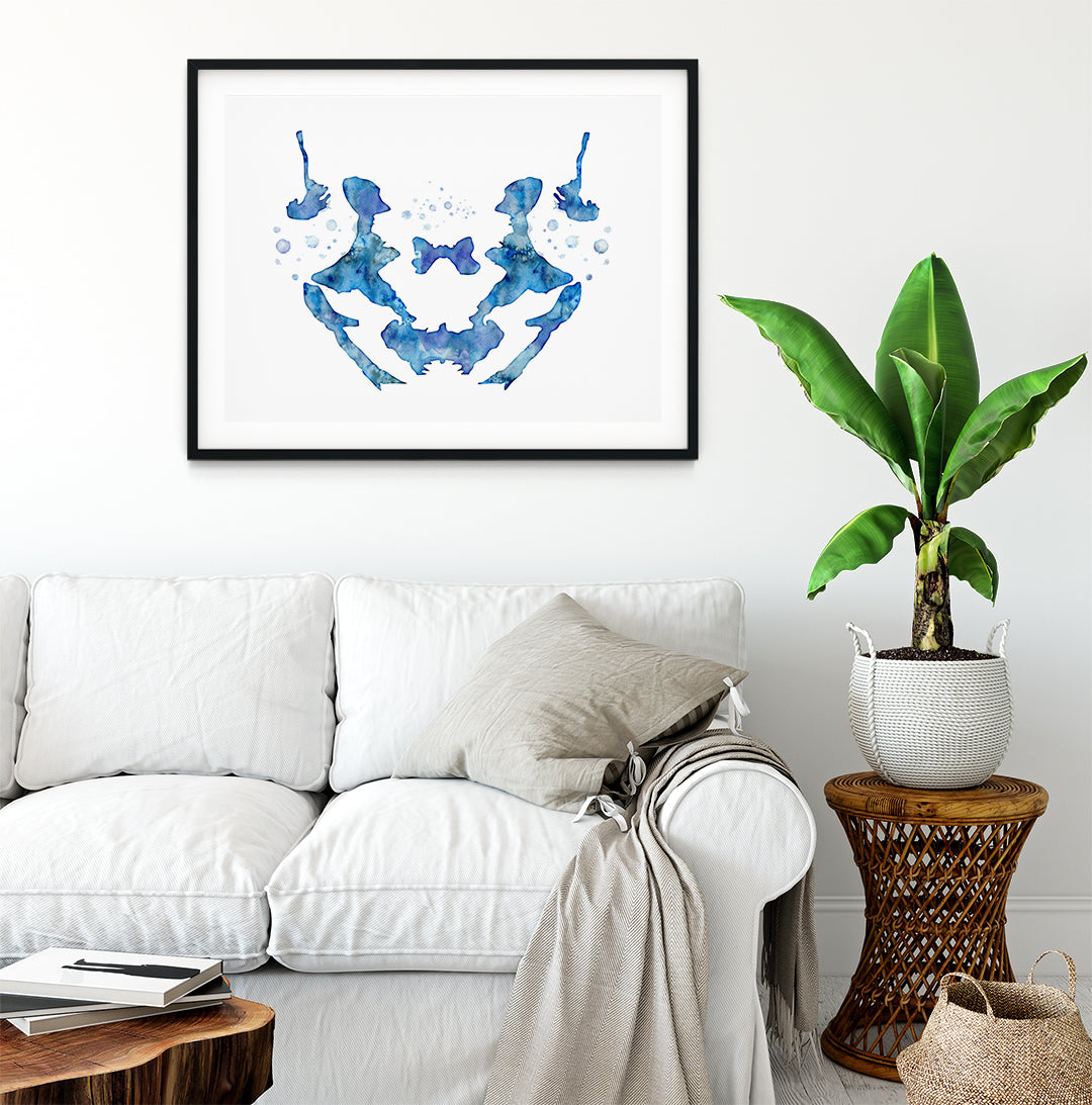 Rorschach Inkblot Test Watercolor Art, Blue Psychology Wall Print
