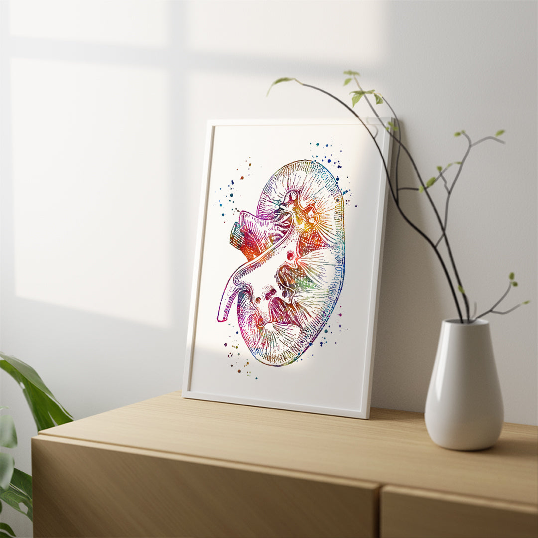 Anatomical kidney cross section art print, colorful and educational, perfect for healthcare professionals