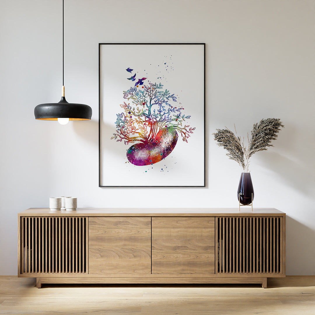 Vibrant kidney tree watercolor art, perfect for decorating clinics or as a unique gift for transplant patients