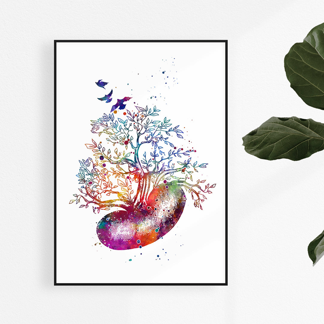 Kidney tree watercolor print, ideal medical art for clinic decor or a thoughtful transplant gift.