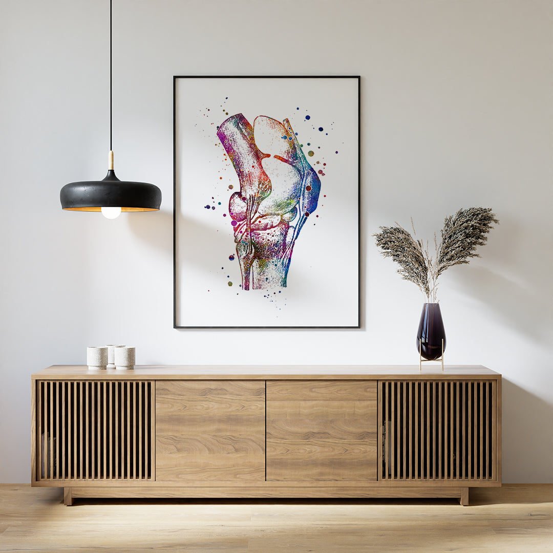 Vibrant knee anatomy art print for orthopedic surgeon office or clinic decor