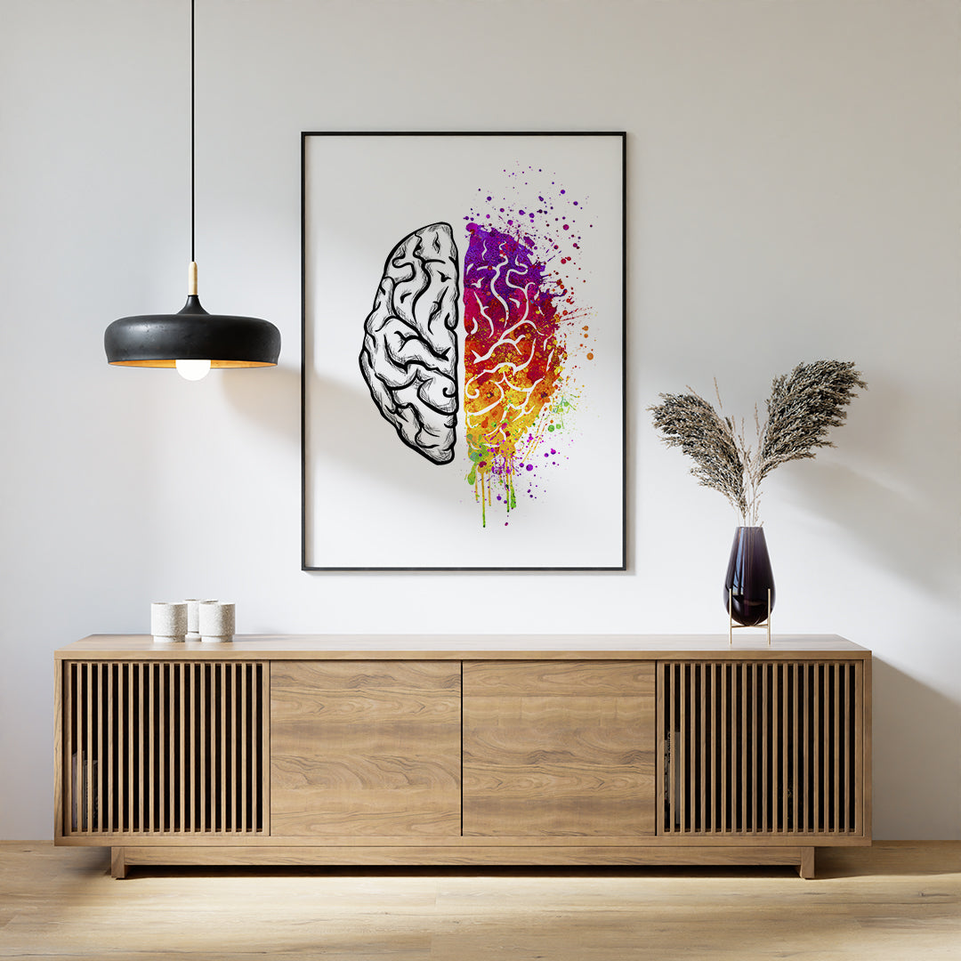 Vivid art print showing left and right brain functions; balance between logic and creativity in colorful detail.