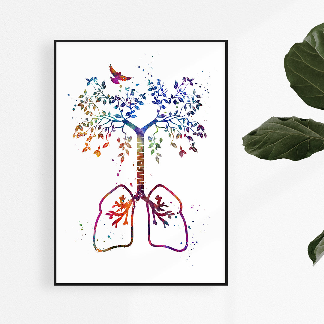 Colorful watercolor 'Lungs Tree of Life' art print, symbolizing breath and vitality, perfect for clinic decor or home wellness spaces