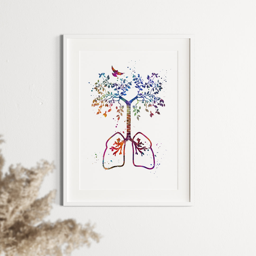 Vibrant 'Lungs Tree of Life' watercolor print, blending anatomy and nature, a stunning decor piece for medical or personal spaces