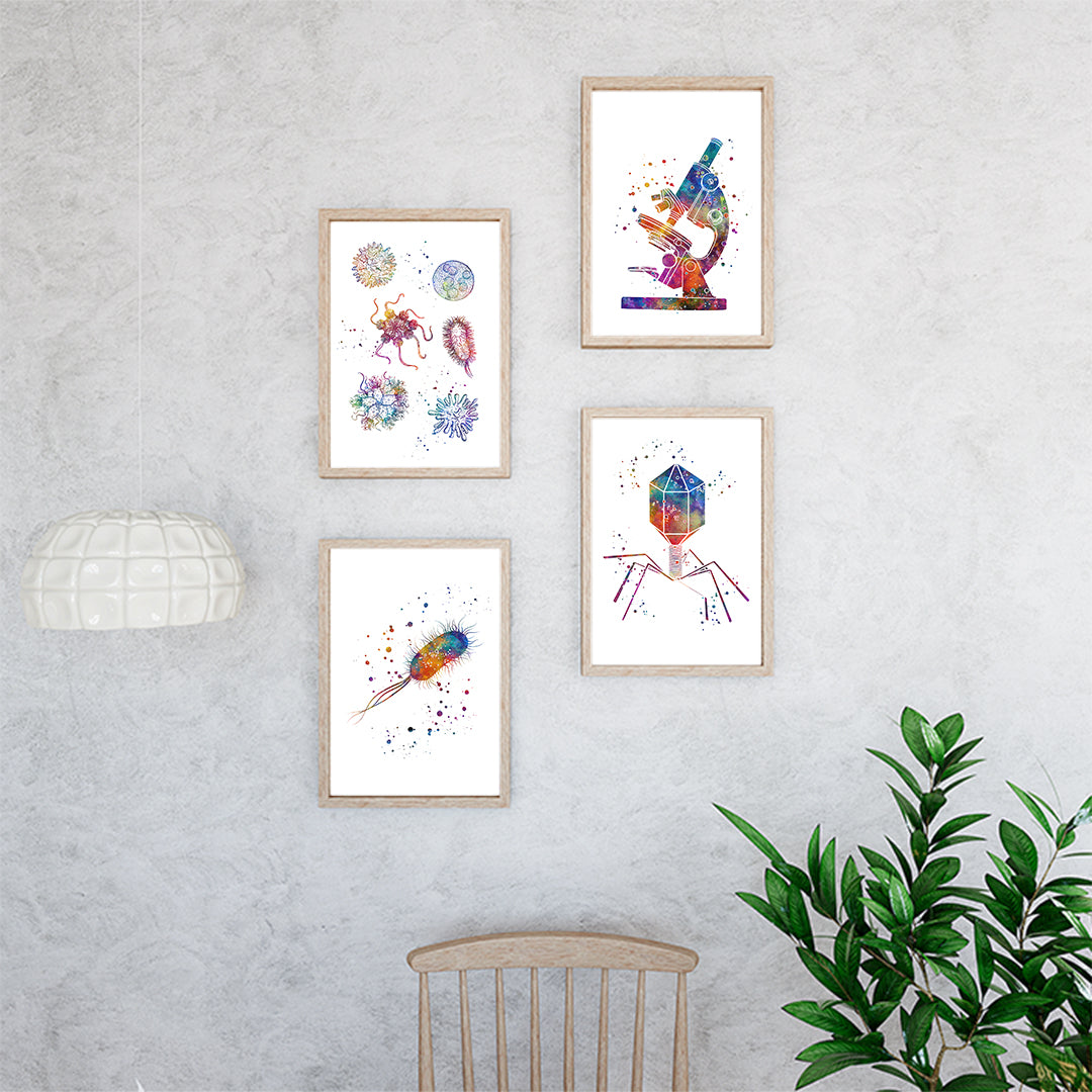 Science office decor set of 4 microbiology watercolor prints, vibrant illustrations of microbiological forms