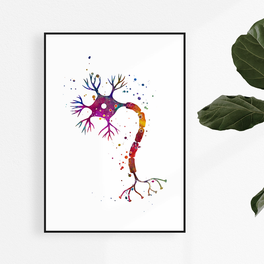 Bright watercolor art of a nerve cell, capturing the complexity of neuron anatomy in vibrant colors.