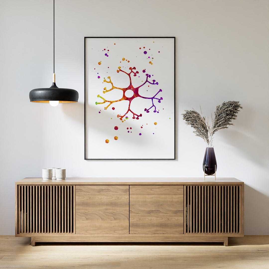 Colorful watercolor print of interneuron cell, a unique gift for neurologists or science enthusiasts.